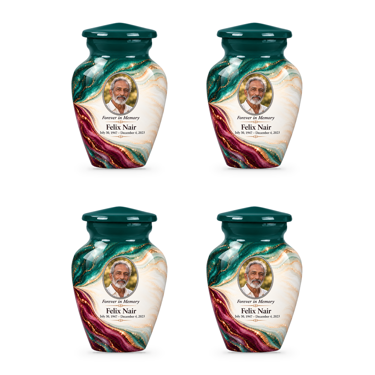 Lagoon Folded Silk set of four keepsake urns with fictional sample photo and text.