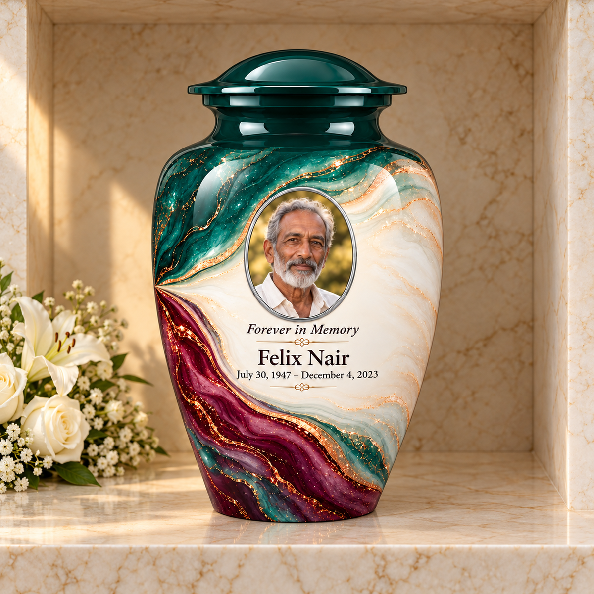 Lagoon Folded Silk adult urn in a columbarium setting with fictional sample photo and text.