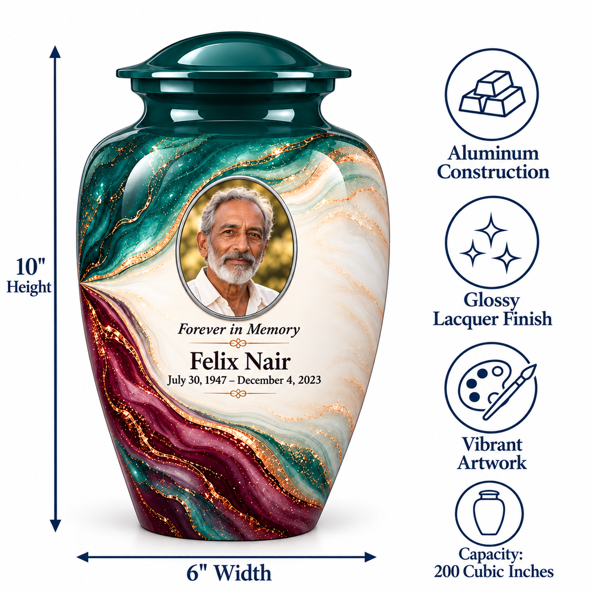 Lagoon Folded Silk adult urn size guide: 10 inches high, 6 inches wide, 200 cubic inches with fictional sample photo and text.