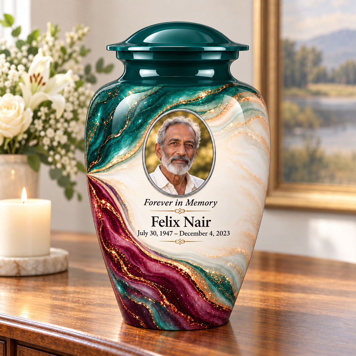Lagoon Folded Silk adult urn on a memorial console with fictional sample photo and text.
