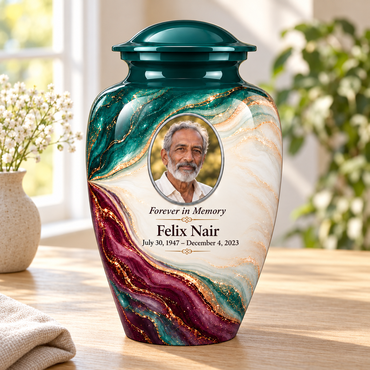 Lagoon Folded Silk adult urn in a sunlit home with fictional sample photo and text.