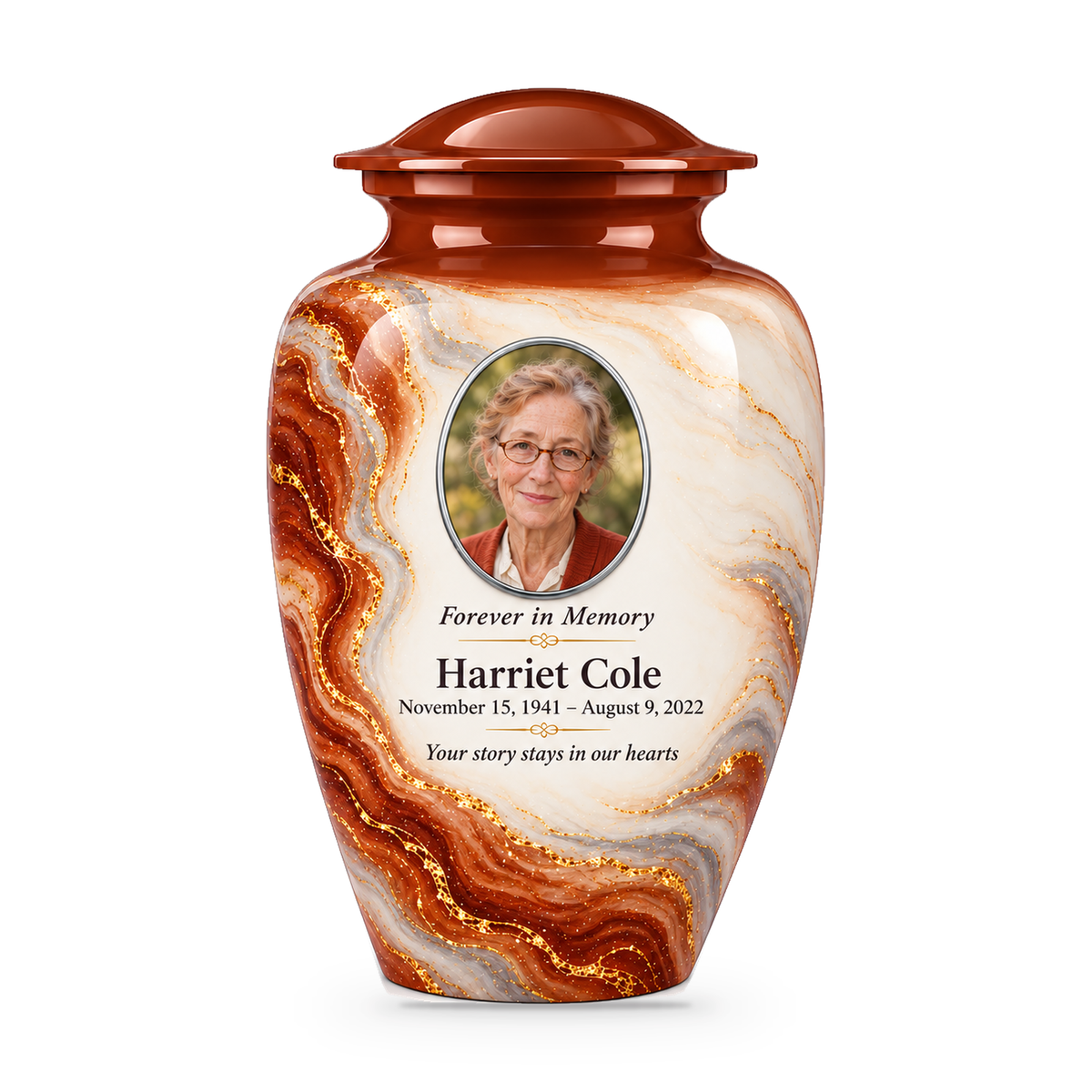 Cinnamon Oxbow adult urn with fictional sample photo and text.