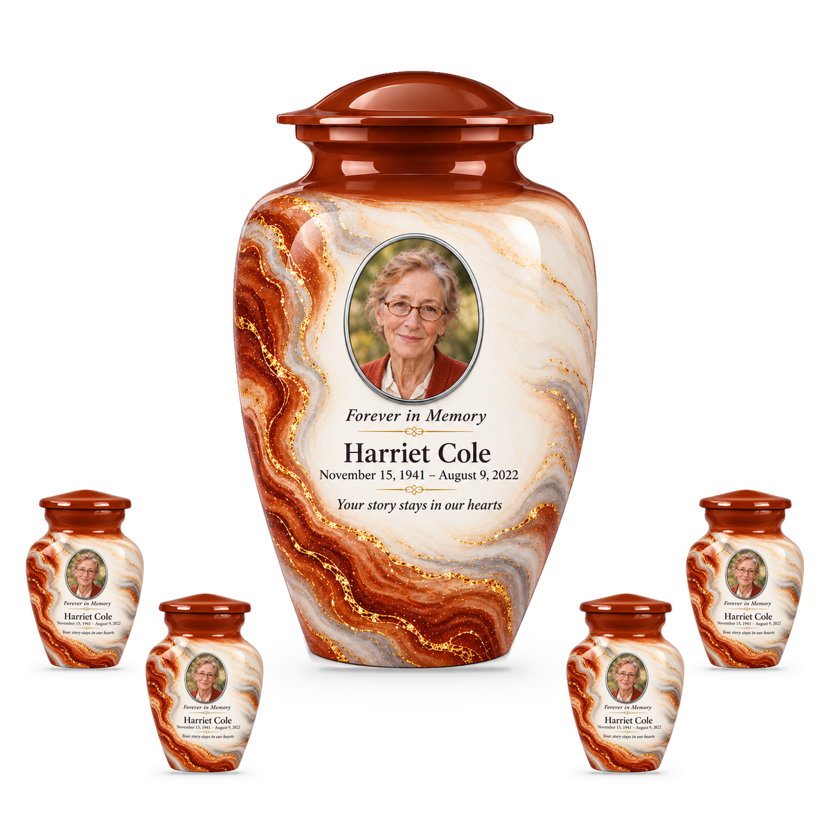 Cinnamon Oxbow adult urn with four keepsakes with fictional sample photo and text.