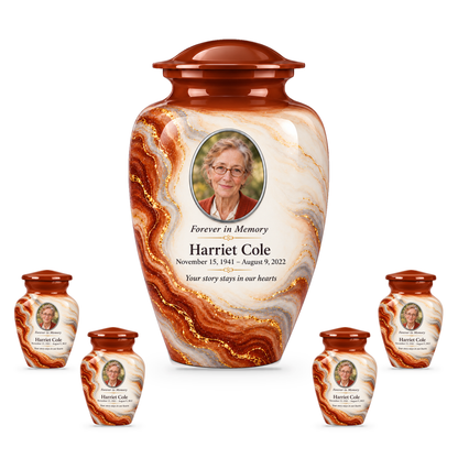 Cinnamon Oxbow adult urn with four keepsakes with fictional sample photo and text.