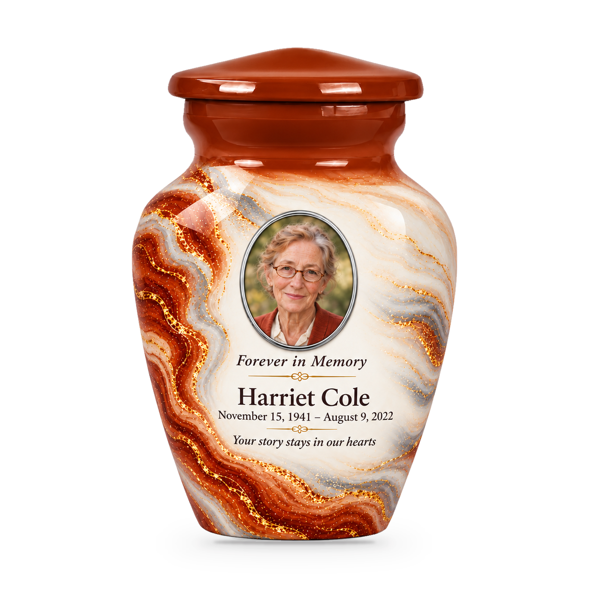 Cinnamon Oxbow single keepsake urn with fictional sample photo and text.