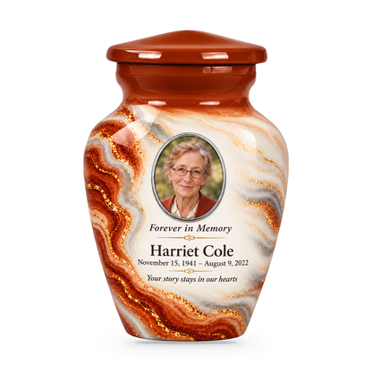 Cinnamon Oxbow single keepsake urn with fictional sample photo and text.