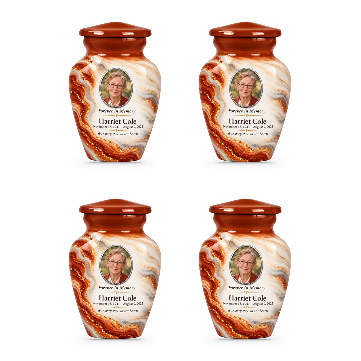 Cinnamon Oxbow set of four keepsake urns with fictional sample photo and text.