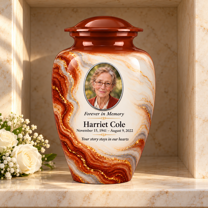 Cinnamon Oxbow adult urn in a columbarium setting with fictional sample photo and text.