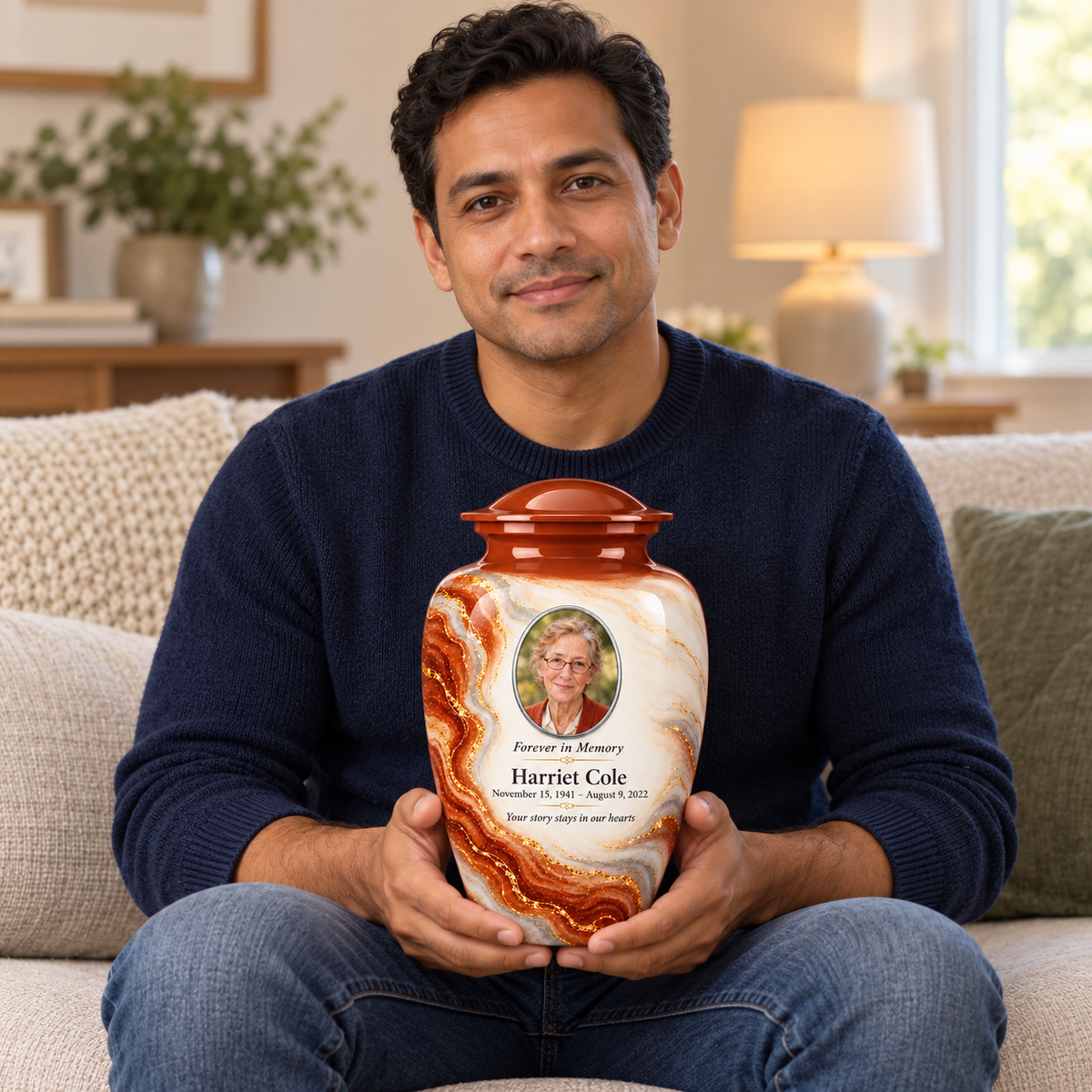Cinnamon Oxbow adult urn held on a lap with fictional sample photo and text.