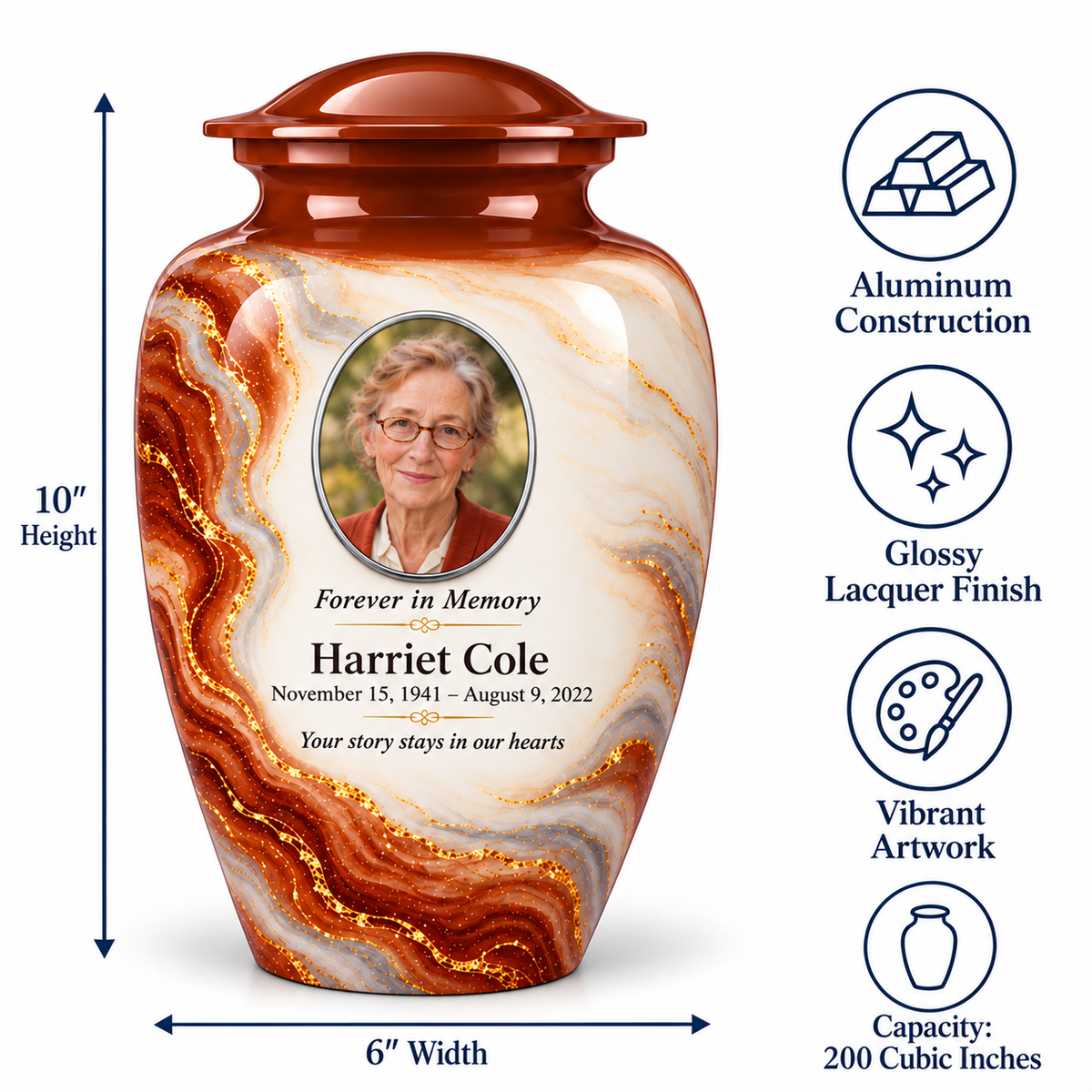 Cinnamon Oxbow adult urn size guide: 10 inches high, 6 inches wide, 200 cubic inches with fictional sample photo and text.