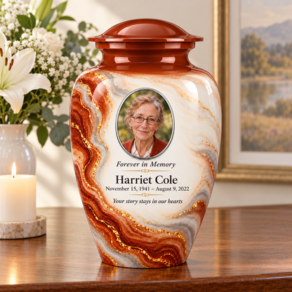 Cinnamon Oxbow adult urn on a memorial console with fictional sample photo and text.