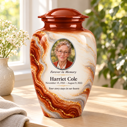 Cinnamon Oxbow adult urn in a sunlit home with fictional sample photo and text.