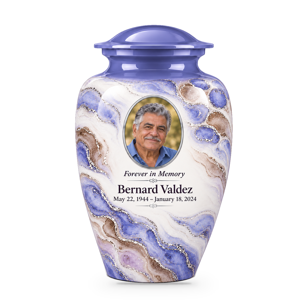 Periwinkle Mosaic adult urn with fictional sample photo and text.