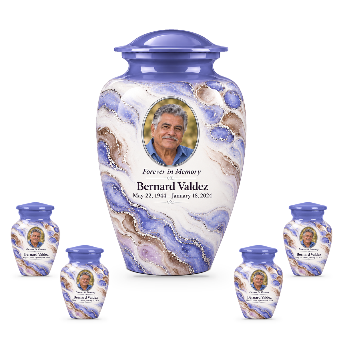 Periwinkle Mosaic adult urn with four keepsakes with fictional sample photo and text.