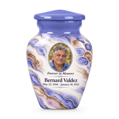 Periwinkle Mosaic single keepsake urn with fictional sample photo and text.