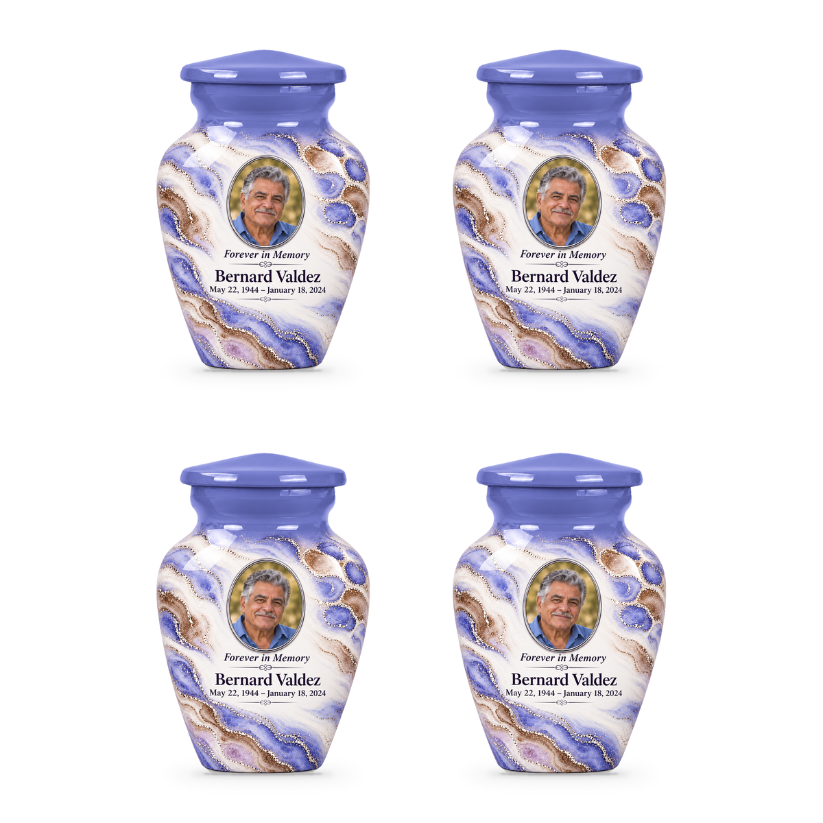 Periwinkle Mosaic set of four keepsake urns with fictional sample photo and text.