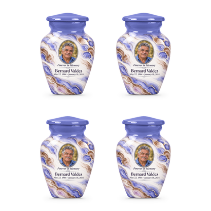 Periwinkle Mosaic set of four keepsake urns with fictional sample photo and text.