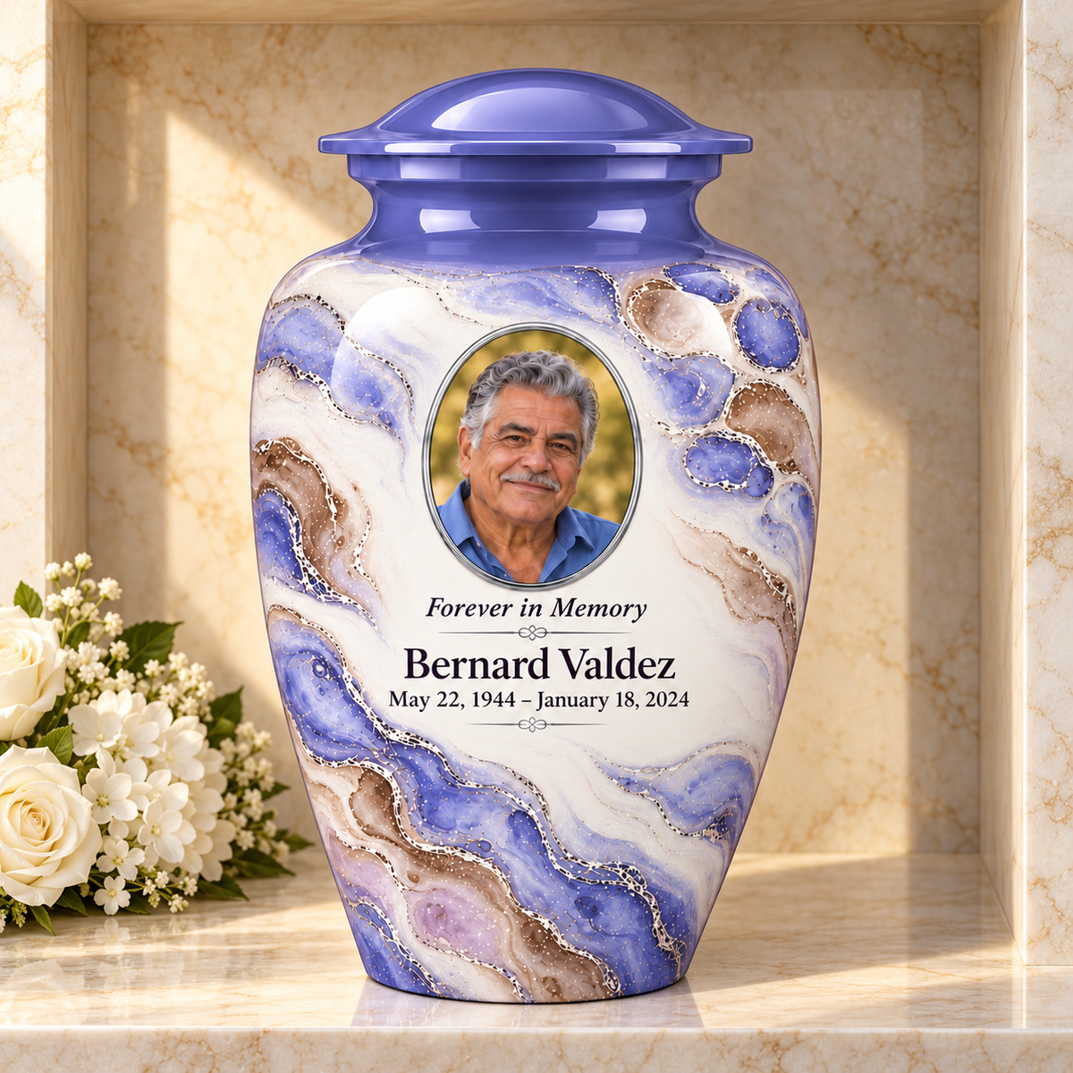 Periwinkle Mosaic adult urn in a columbarium setting with fictional sample photo and text.