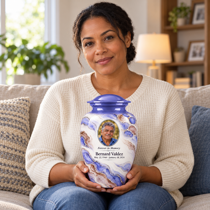 Periwinkle Mosaic adult urn held on a lap with fictional sample photo and text.