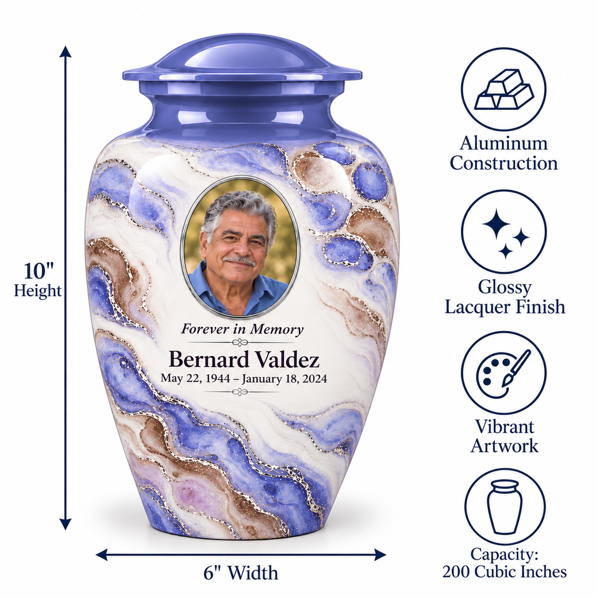 Periwinkle Mosaic adult urn size guide: 10 inches high, 6 inches wide, 200 cubic inches with fictional sample photo and text.