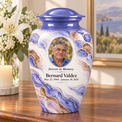 Periwinkle Mosaic adult urn on a memorial console with fictional sample photo and text.