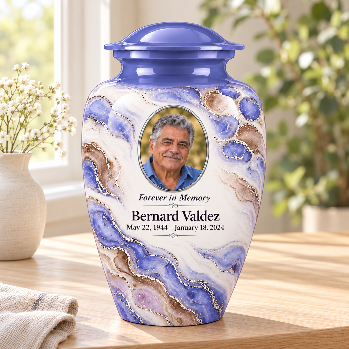 Periwinkle Mosaic adult urn in a sunlit home with fictional sample photo and text.