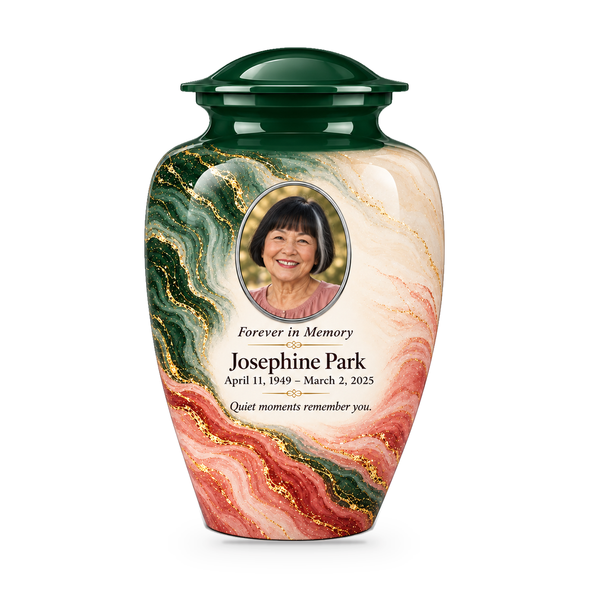 Forest Crosscurrent adult urn with fictional sample photo and text.