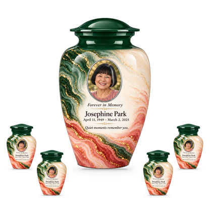 Forest Crosscurrent adult urn with four keepsakes with fictional sample photo and text.