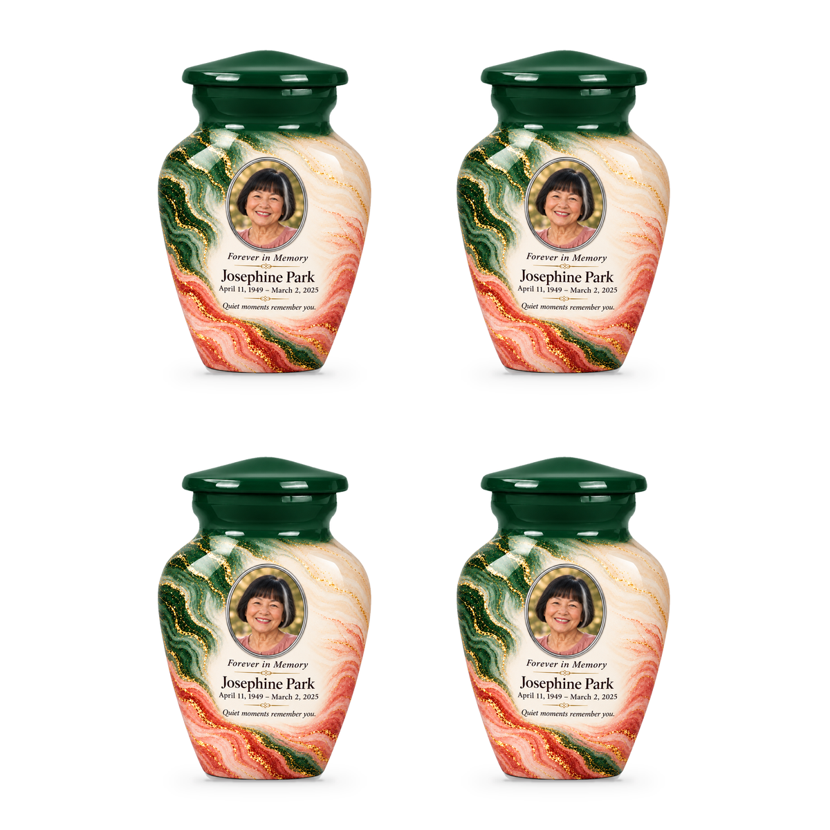 Forest Crosscurrent set of four keepsake urns with fictional sample photo and text.