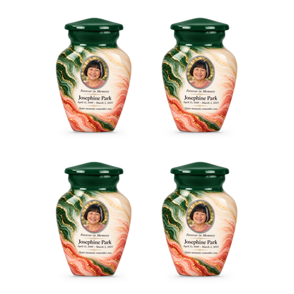 Forest Crosscurrent set of four keepsake urns with fictional sample photo and text.