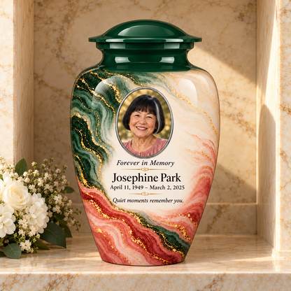 Forest Crosscurrent adult urn in a columbarium setting with fictional sample photo and text.