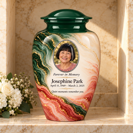 Forest Crosscurrent adult urn in a columbarium setting with fictional sample photo and text.