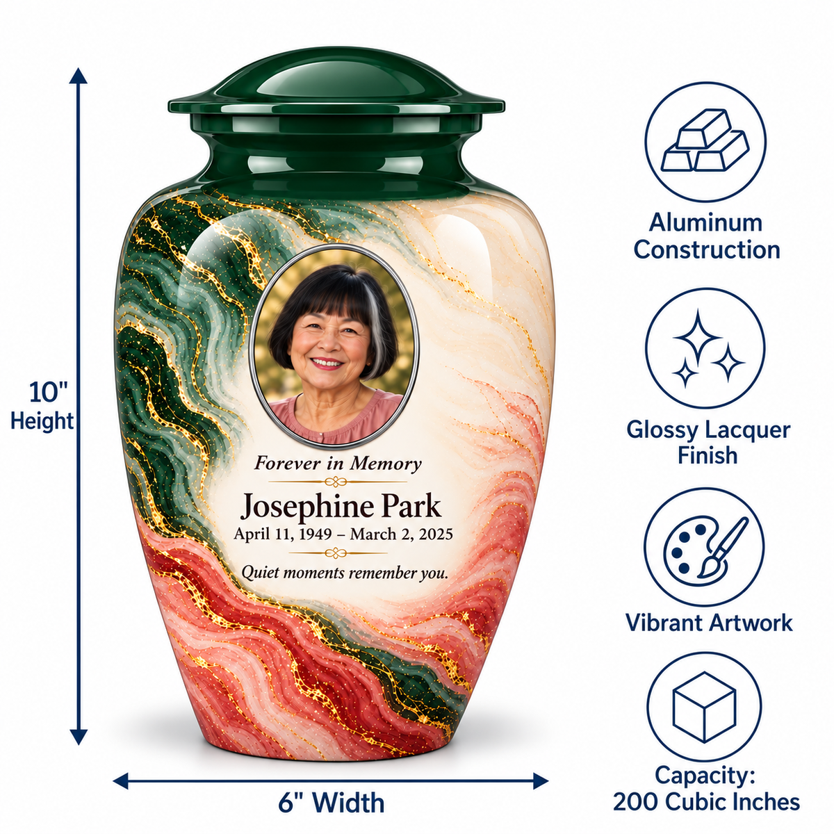 Forest Crosscurrent adult urn size guide: 10 inches high, 6 inches wide, 200 cubic inches with fictional sample photo and text.