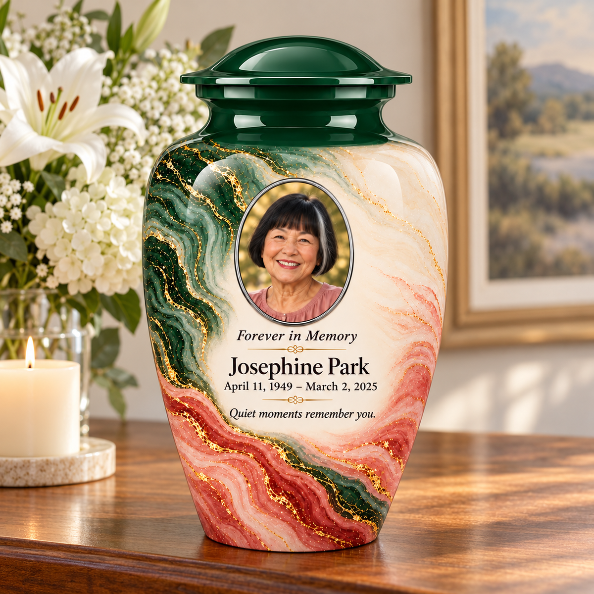 Forest Crosscurrent adult urn on a memorial console with fictional sample photo and text.