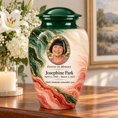 Forest Crosscurrent adult urn on a memorial console with fictional sample photo and text.
