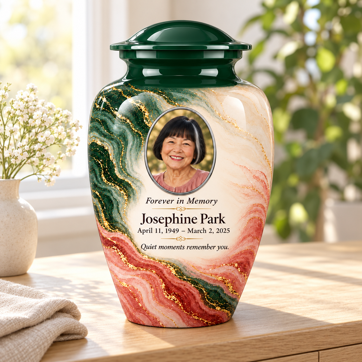 Forest Crosscurrent adult urn in a sunlit home with fictional sample photo and text.