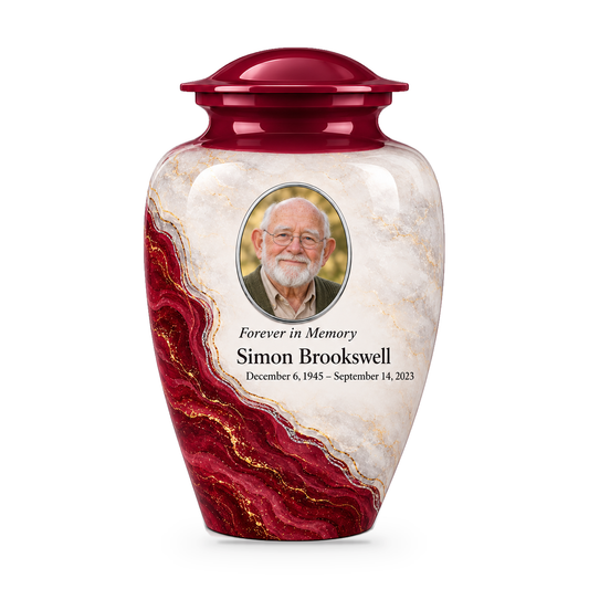 Bordeaux Shoreline adult urn with fictional sample photo and text.