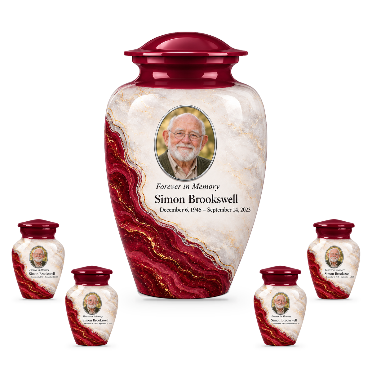 Bordeaux Shoreline adult urn with four keepsakes with fictional sample photo and text.