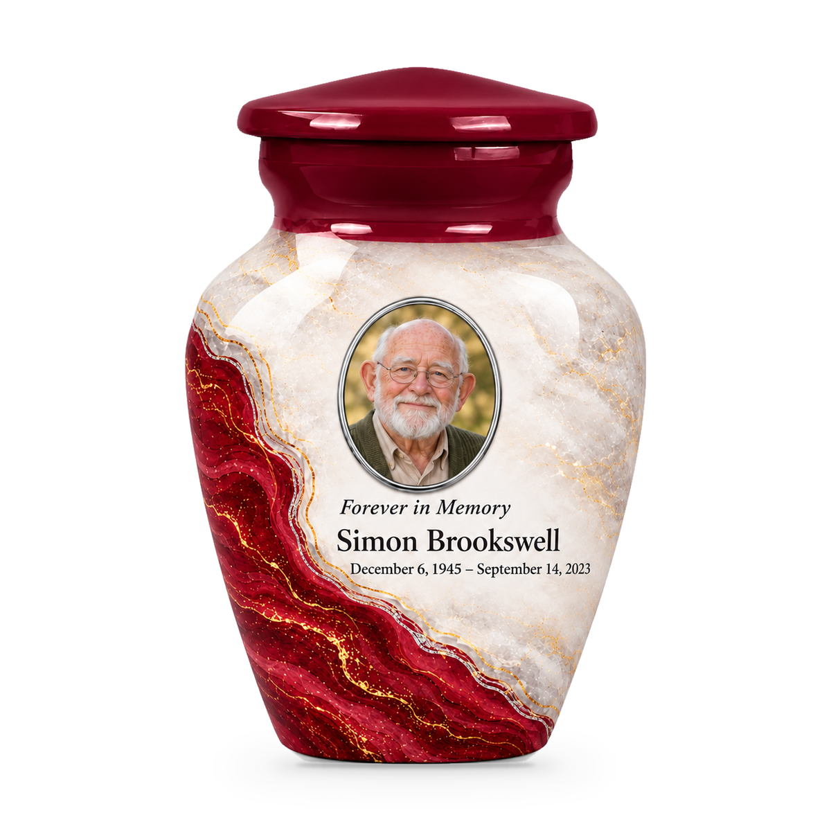 Bordeaux Shoreline single keepsake urn with fictional sample photo and text.