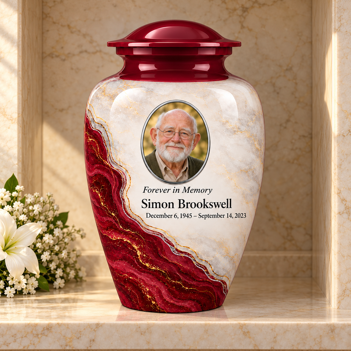 Bordeaux Shoreline adult urn in a columbarium setting with fictional sample photo and text.