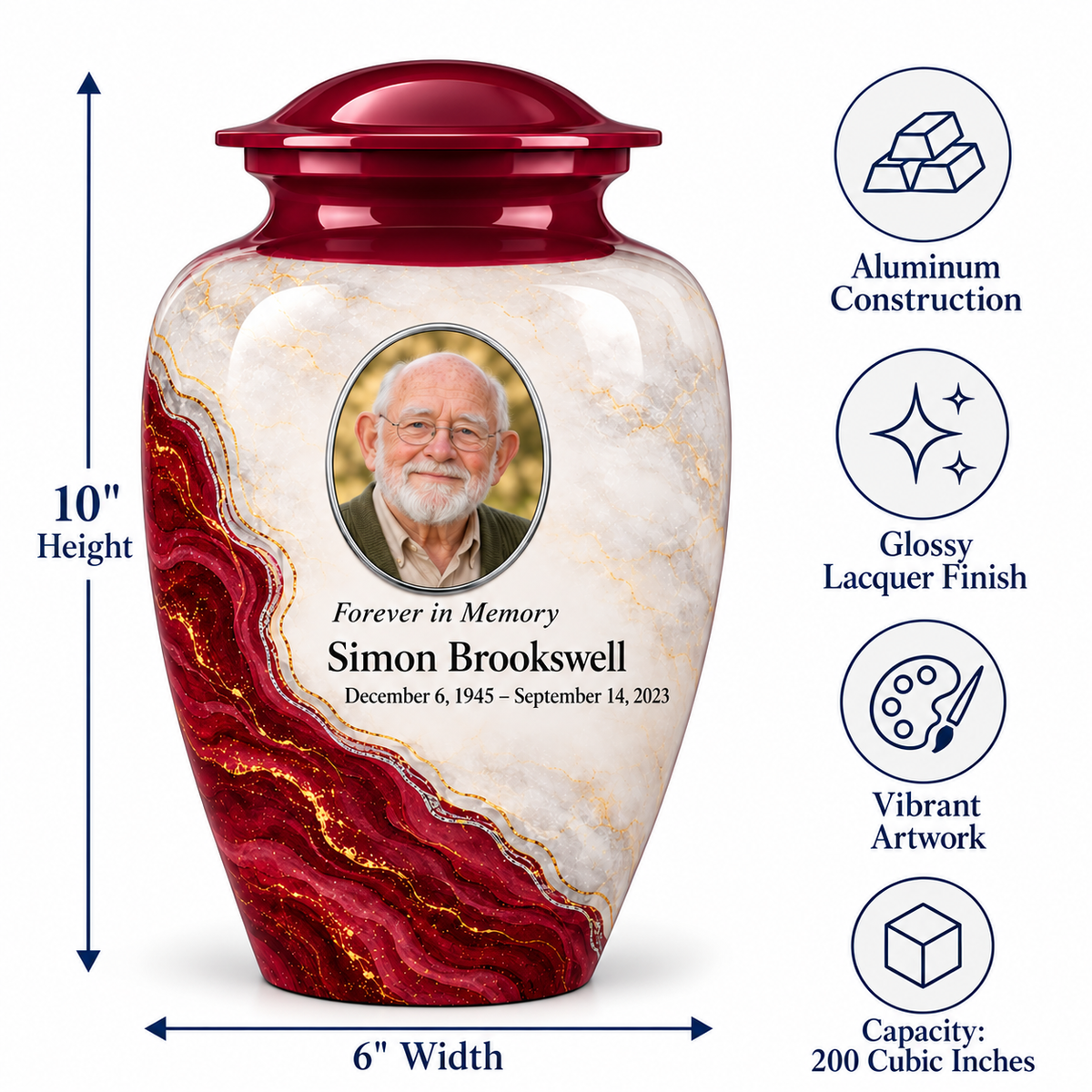 Bordeaux Shoreline adult urn size guide: 10 inches high, 6 inches wide, 200 cubic inches with fictional sample photo and text.