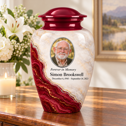 Bordeaux Shoreline adult urn on a memorial console with fictional sample photo and text.