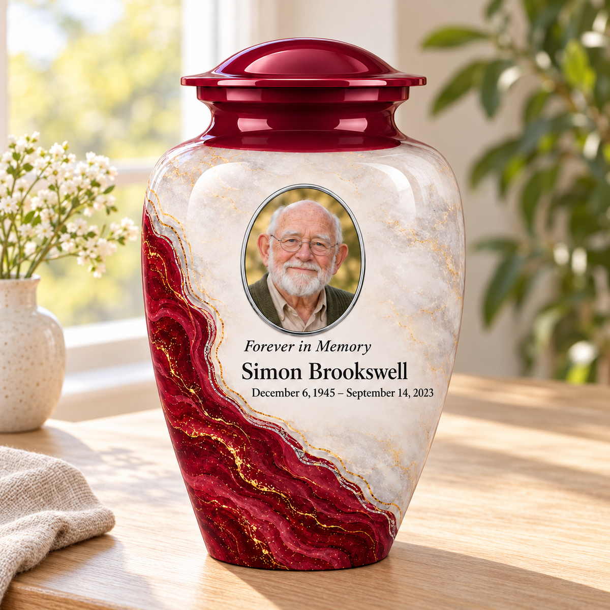 Bordeaux Shoreline adult urn in a sunlit home with fictional sample photo and text.