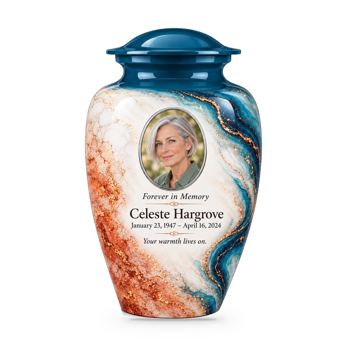 Peacock Tracer adult urn with fictional sample photo and text.