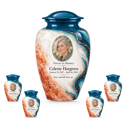 Peacock Tracer adult urn with four keepsakes with fictional sample photo and text.