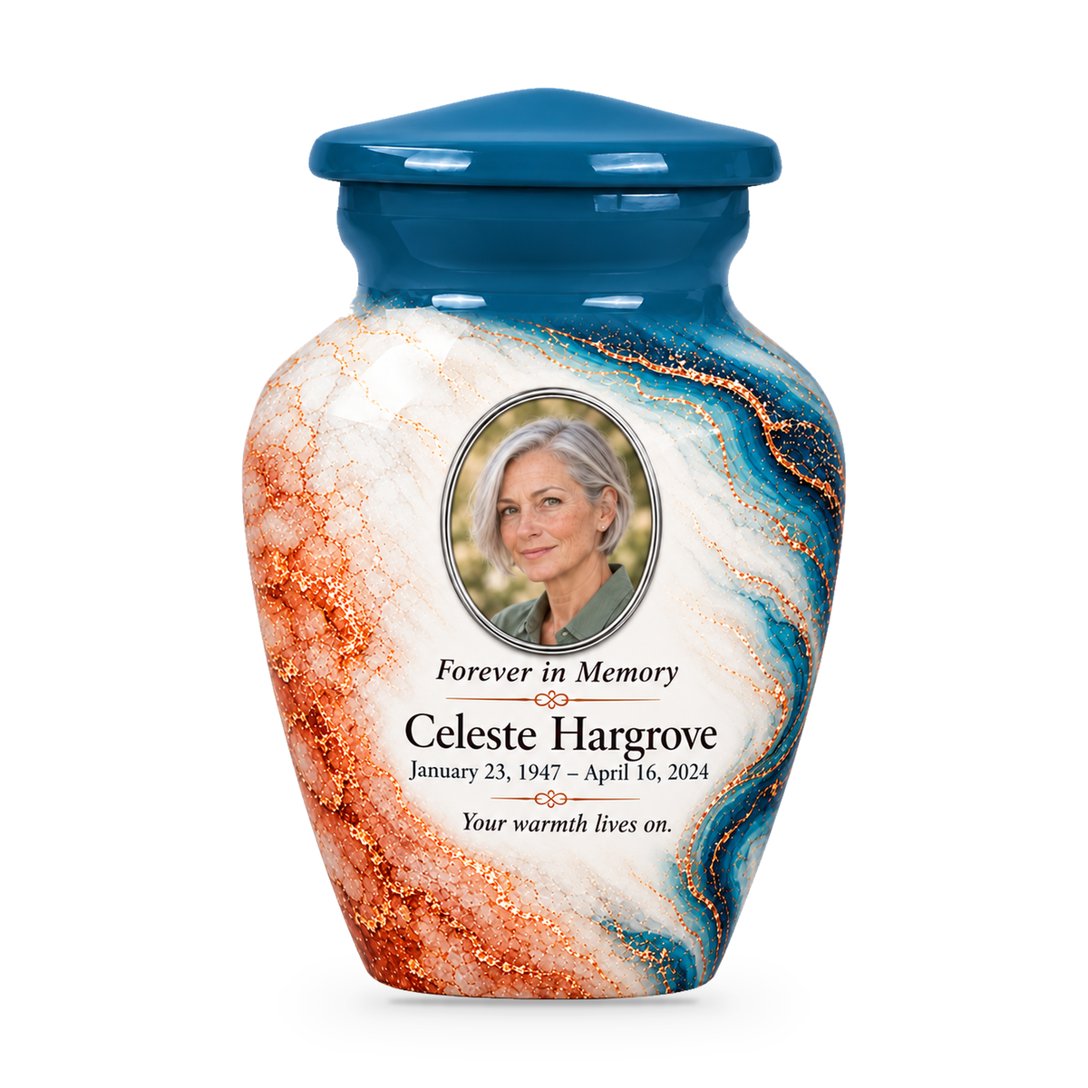 Peacock Tracer single keepsake urn with fictional sample photo and text.