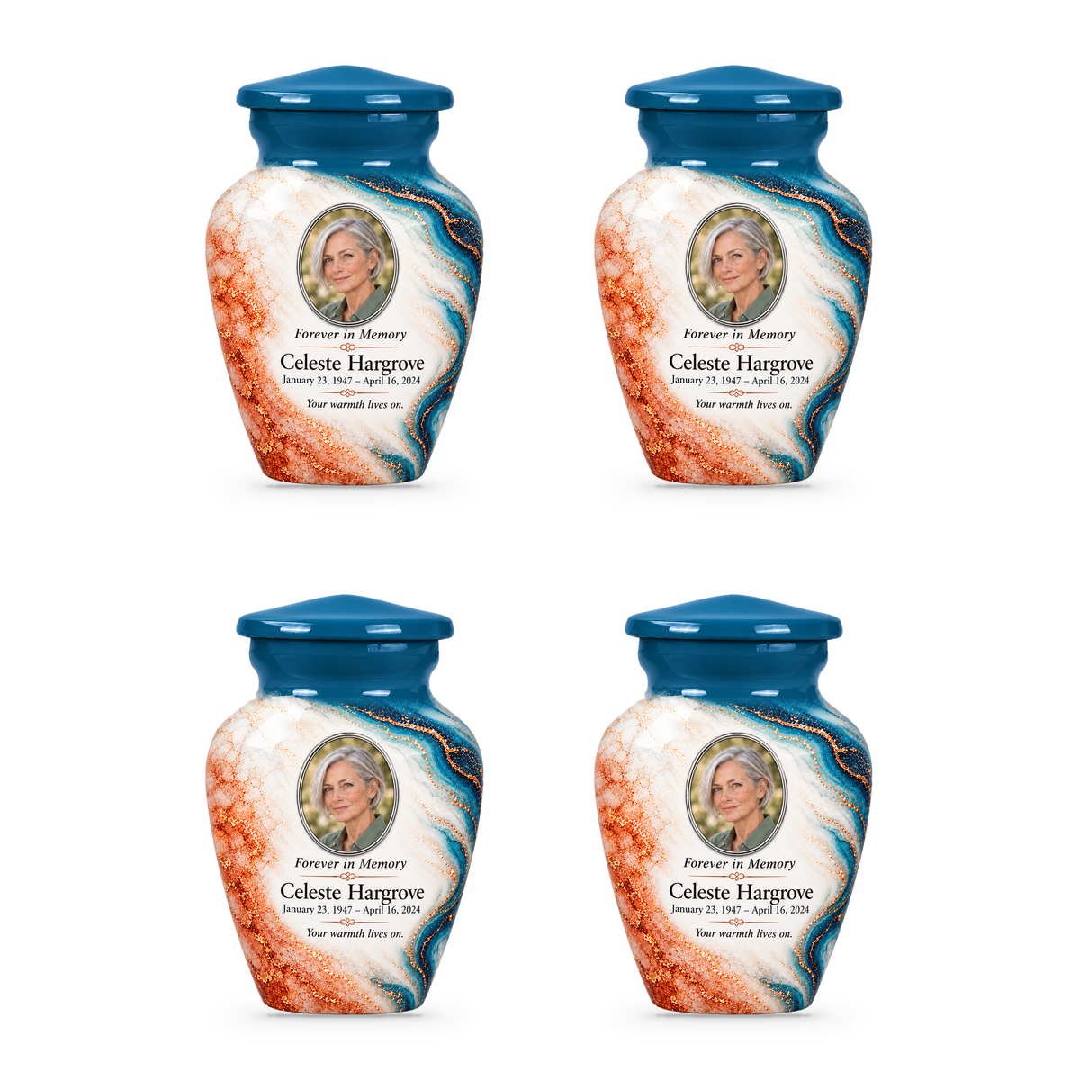 Peacock Tracer set of four keepsake urns with fictional sample photo and text.