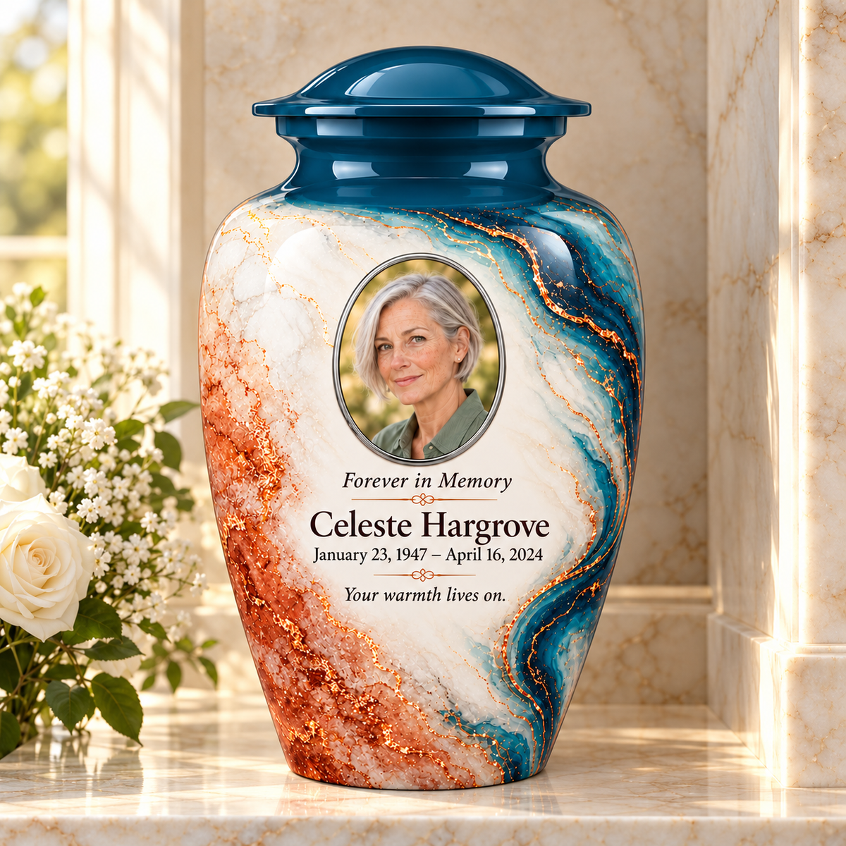 Peacock Tracer adult urn in a columbarium setting with fictional sample photo and text.