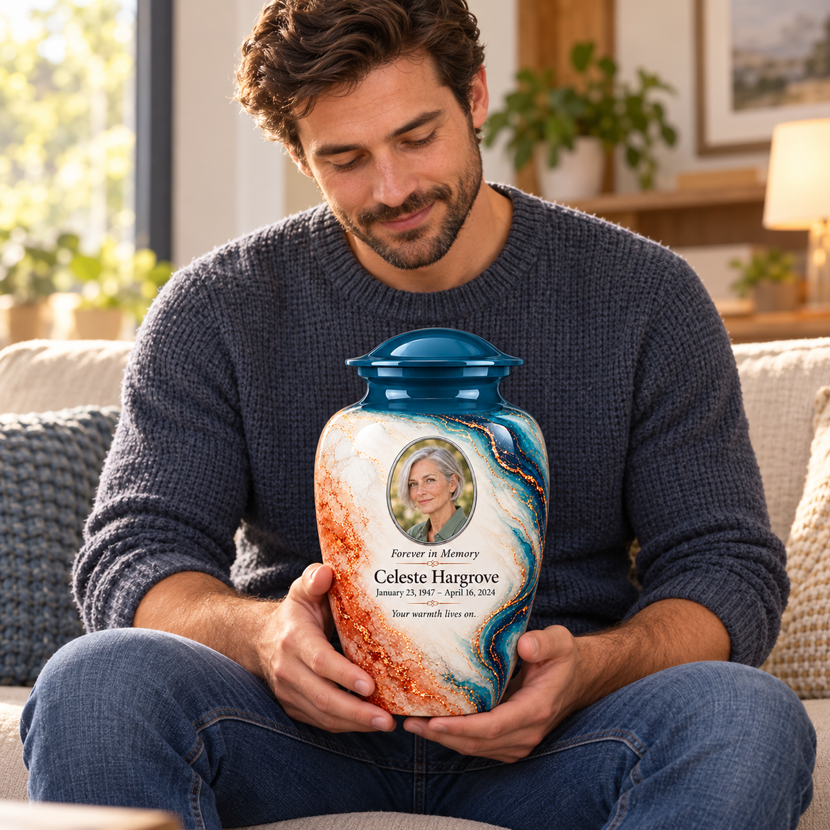 Peacock Tracer adult urn held on a lap with fictional sample photo and text.
