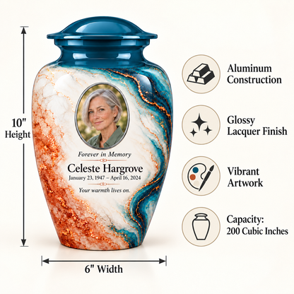 Peacock Tracer adult urn size guide: 10 inches high, 6 inches wide, 200 cubic inches with fictional sample photo and text.